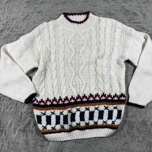 Vintage 90s Women's Cable Knit Sweater White Large Hand Knit Chunky Fisherman - Picture 1 of 8